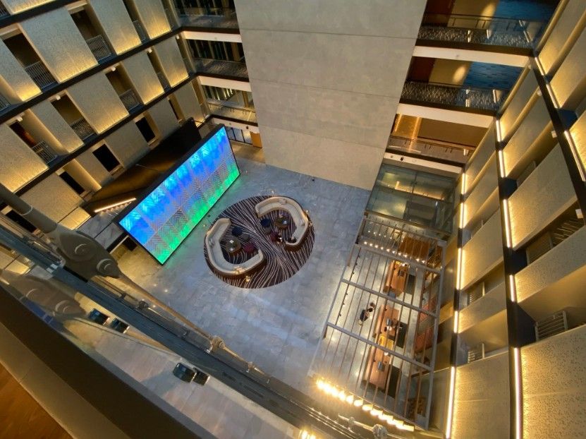 Atrium of the Park Hyatt Auckland hotel, viewed from an upper floor